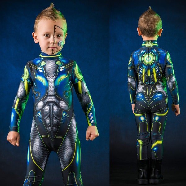 Green CYBER HERO Halloween Costume - KIDS Edition, Traje de Halloween de cuerpo completo para niños, Disfraz de Halloween de superhéroe para niños, Disfraz robótico