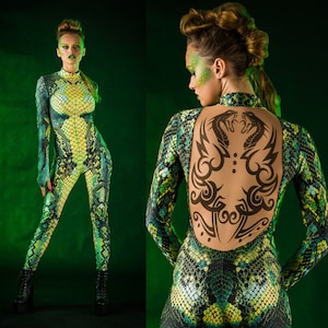 GRÜNE SCHLANGE Halloween-Kostüm für Frauen, Halloween-Kostüm für Frauen, Jumpsuit mit Tattoo-Effekt auf dem Rücken, Schlangenhaut-Catsuit für Frauen Bild 1