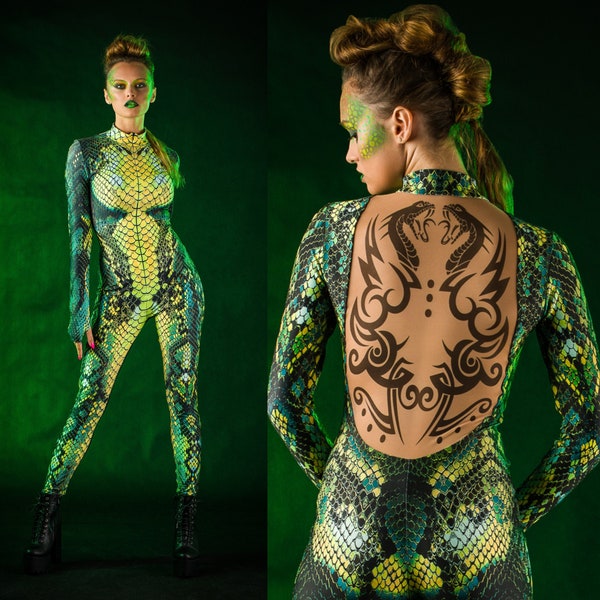 Costume d'Halloween GREEN SNAKE pour femme, Costume d'Halloween pour femme, Combinaison avec effet tatouage sur le dos, Catsuit en peau de serpent pour femme