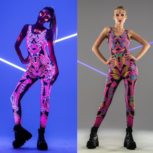 NEON FLOWERS FLUORESCENT Jumpsuit, Neon Bodysuit, Rave Onsie, Festival Outfit, Burning Man Clothing, Halloween Costume, Rainbow Clothing Set