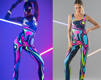 LIQUID UV Reactive Jumpsuit, Pink Yellow Neon Outfit, Rave Onsie, Festival Full Body Outfit, Burning Man Clothing, Glowing Clothing Set