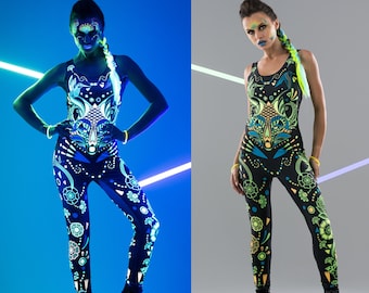 WOLF & HUMMONGBIRDS UV Reactive Jumpsuit, Neon Outfit, Rave Onsie, Festival Full Body Outfit, Burning Man Clothing, Neon Boho Clothing Set