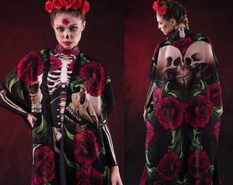 LADY DEATH Halloween Costume with Kimono, Adult Full Body Skeleton, Roses Skeleton Costume, Sugarskull Halloween Costume, Day of the Dead