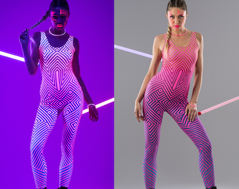 GEOMETRIC GLOW UV Reactive Jumpsuit, Pink Neon Outfit, Rave Onsie, Festival Full Body Outfit, Burning Man Clothing, Neon Sexy Clothing Set