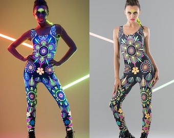 MANDALA UV-REACTIEVE jumpsuit, neon bodysuit, Rave Onsie, festivaloutfit, Burning Man kleding, neon Boho kledingset, Halloween kostuum