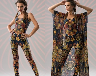 GOLD MANDALA BLISS Costume, Festival jumpsuit, Rave Onsie, Fullbody Festival Set, Festival Outfit, Burning Man Clothing, Yoga Clothing