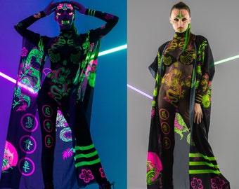 CHINESE DRAGONS FLUORESCENT Black Catsuit & Kimono Set, Festival Full Outfit, Rave Set, Halloween Costume, Mesh Catsuit, Fluorescent Dragon
