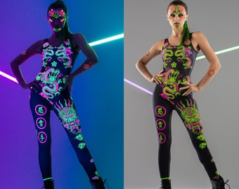 CHINESE DRAGONS FLUORESCENT Jumpsuit, Neon Bodysuit, Rave Onsie, Festival Outfit, Burning Man Clothing, Halloween Costume, Dragon Costume