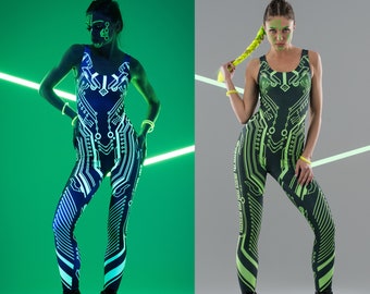 CYBER UV REACTIVE Jumpsuit, Neon Bodysuit, Rave Onsie, Festival Outfit, Burning Man Clothing, Halloween Costume, Futuristic Costume