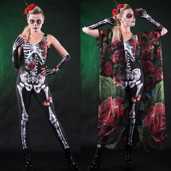 ROSES & BUTTERFLIES Skeleton Jumpsuit and Kimono Set, Skeleton Bodysuit, White Skeleton Costume, Halloween Skeleton Costume with Arm Warmers