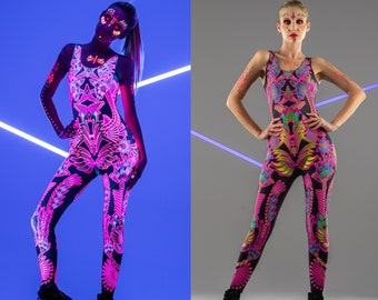 NEON FLOWERS FLUORESCENT Jumpsuit, Neon Bodysuit, Rave Onsie, Festival Outfit, Burning Man Clothing, Halloween Costume, Rainbow Clothing Set