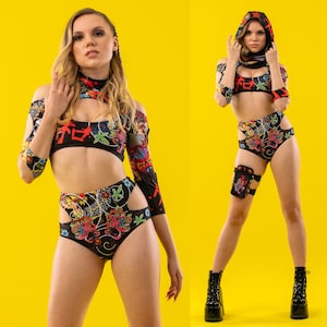 ENSEMBLE haut et short YAKUZA, Vêtements rave, Vêtements de festival, Tenue Burning Man, Cagoule Rave, Sacoche, Modèles assortis, Design japonais