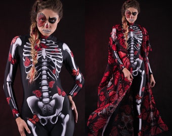 LADY RED BUTTERFLY Costume for Women, Blue Monarchy Butterflies Halloween Costume, Los Muertos Skeleton Costume, Skeleton Full Body Catsuit