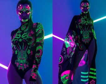 CHINESE DRAGONS UV-reaktiver Netz-Bodysuit, Festival-Outfit, Rave-Bodysuit, Neon-Drachen-Kostüm, Burning Man-Outfit, Glow-Party-Kleidung