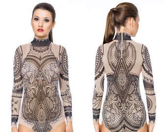 NIEUW! -AZTEEKSE BLOEMEN Tattoo bodysuit, mesh body, tattoo body, damesondergoed, tribal bodysuit voor vrouwen, bedrukt lichaam, nep tattoo kostuum