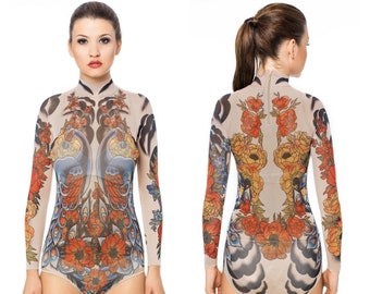 NUOVO! - ROYAL PEACOCKS Body tatuaggio, corpo in rete, corpo tatuaggio, biancheria intima da donna, body pavoni per donne, tatuaggio finto, costume di Halloween