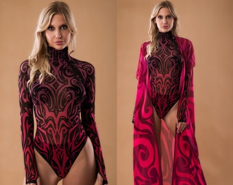 May include: A red and black patterned bodysuit with long sleeves and a high neck. The bodysuit has a tribal-inspired design.