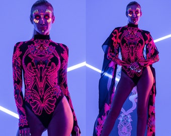 NEON BLUMEN UV-reaktiver Mesh-Body, Festival-Outfit, Rave-Body, Neon-Onsie, Burning Man-Outfit, Glow-Party-Kleidung, Techno-Outfit