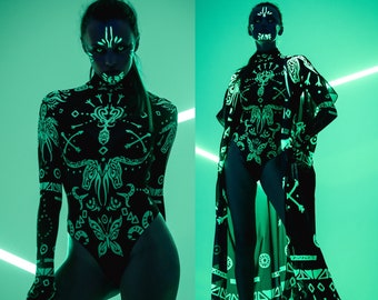 GREEN TRIBAL UV Reactive Mesh Bodysuit, Festival Outfit, Rave Bodysuit, Neon Green Set, Burning Man Outfit, Glow Party Attire,Futuristic Set