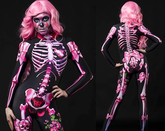 PINK SUGARSKULL SKELETON Halloween Costume, Sexy Catsuit, Sugarskull Catsuit, Cosplay Costume, Pink Costume for Women, Pastel Pink Skeleton