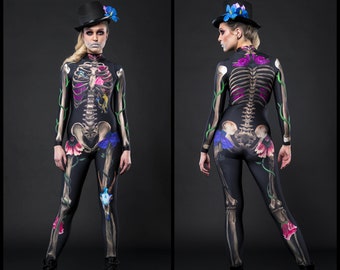 GOTHIC SKELETON Halloween Costume for Women, Full Body Skeleton, Gothic Style Skeleton Catsuit, Bones and Skulls Halloween Costume for Women