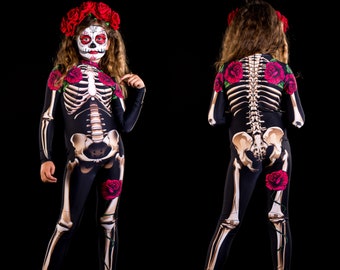 LADY DEATH Halloween-Kostüm - KIDS Edition, Ganzkörper-Skelett-Kostüm für Kinder, Sugarskull-Halloween-Kostüm, Day of the Dead-Kostüm für Kinder