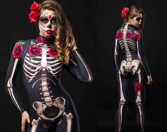 LADY DEATH Halloween kostuum voor vrouwen, volwassen full body skelet, skelet kostuum, Sugarskull Halloween kostuum, dag van de dode kostuum