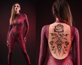 RED MAMBA Halloween Costume for Women, Halloween Costume for Women, Catsuit with Tattoo Effect on the Back, Snake Skin Catsuit for Women