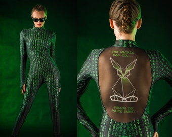 MATRIX Disfraz de Halloween para Mujer, Disfraz de Halloween para Mujer, Mono con Efecto Tatuaje en la Espalda, Tema Conejo Blanco, Tema Matrix