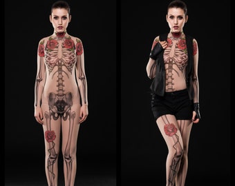 TATTOO SKELETON Bodysuit & Leggings SET, Skeleton Costume, Halloween Bodysuit, Halloween Clothing Set, Mesh Bodysuit, Fake Tattoo Costume