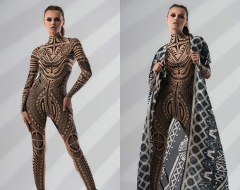 MAJESTIC TRIBAL Festival Catsuit, Rave Mesh Onsie, Festival Bodysuit, Tribal Clothing, Sexy Style Clothing Set, Halloween Costume