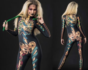 SNAKES & SPIDERS SKELETON Halloween Costume for Women, Full Body Skeleton, Gothic Style Skeleton Catsuit, Spiders and Snakes Women Costume