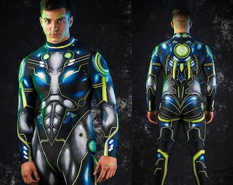 GREEN CYBER HERO Halloween Costume for Men, Adult Halloween Costume, Robot Costume, Cosplay Costume for Men, Black Super Hero Costume