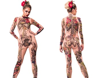 JUNGLE SNAKES SKELETON Full Body Catsuit, Skeleton Catsuit, Halloween Costume, Halloween Jumpsuit, Mesh Costume, Fake Tattoo Costume
