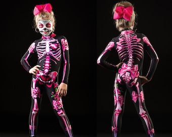 PINK SUGARSKULL Halloween Costume - KIDS Edition, Kids Full Body Skeleton Costume, Sugarskull Halloween Costume, Halloween Costume for Girl