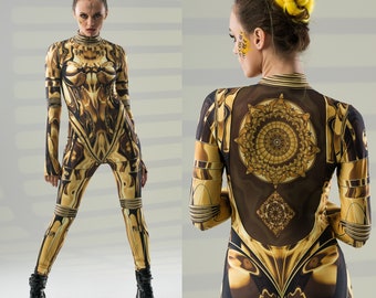 GOLD ARMOR Kostüm für Damen, Halloween-Kostüm für Damen, Catsuit mit Tattoo Effekt auf dem Rücken, Goldenes Kostüm für Damen, Mandala Tattoo