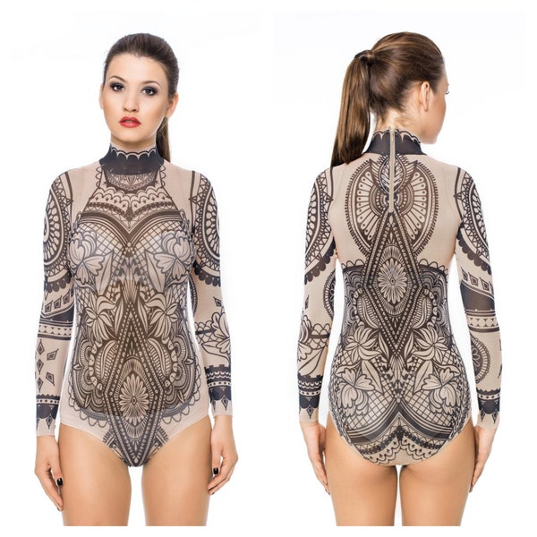 NEW! - AZTEC FLOWERS Tattoo Bodysuit, Mesh Body, Tattoo Body, Womens Underwear, Tribal Bodysuit for Women, Printed Body, Fake Tattoo Costume