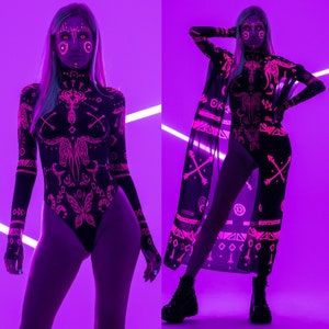 PINK TRIBAL UV Reactive Mesh Bodysuit, Festival Outfit, Rave Bodysuit, Neon Pink Onsie, Burning Man Outfit, Glow Party Attire,Futuristic Set
