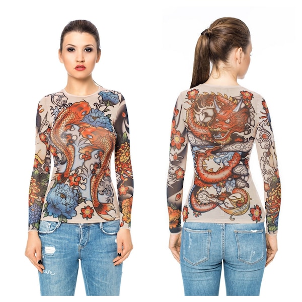 NOUVEAU ! - Blouse tatouage STYLE JAPON, chemisier en résille, vêtements pour femmes, chemisiers pour femmes, chemisier faux tatouage, tatouage de dragon, chemisier imprimé pour femme