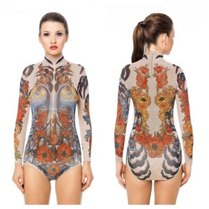 NEW! - ROYAL PEACOCKS Tattoo Bodysuit, Mesh Body, Tattoo Body, Womens Underwear, Peacocks Bodysuit for Women, Fake Tattoo, Halloween Costume