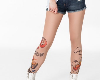 Comics - Damen gedruckt Leggings, temporäre Tattoos, Mesh-Leggings, Damen Hosen, Damenkleidung, Halloween Geschenk, Halloween Leggings, Geschenk