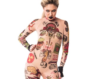 TATUAGENS REBELDE em COR, macacão de corpo inteiro, macacão de esqueleto, fantasia de Halloween, macacão de Halloween, fantasia de malha, fantasia de tatuagem falsa