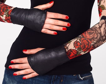 Mittens & Gloves, Leather Mittens, Leather Gloves, Costume Gloves, Fingerless gloves, Short Black Gloves, Leather Accessory, Italian Leather