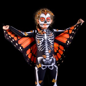 LADY BUTTERFLY Halloween Costume & Wings KIDS Edition, Kids Full Body Skeleton Catsuit, Monarchy Butterfly Costume, Costume for Teenagers Catsuit+wings+acces.