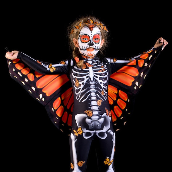 LADY BUTTERFLY Halloween Costume & Wings - KIDS Edition, Kids Full Body Skeleton Catsuit, Monarchy Butterfly Costume, Costume for Teenagers