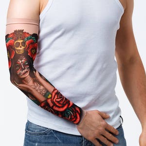 New! - Unisex SUGARSKULL Mesh Tattoo Sleeve, Fake Tattoo, Temporary Tattoo, Halloween Costume, Skull Tattoo, Sugar Skull Tattoo, Red Roses