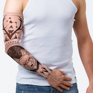 New! - Unisex HORNS & WOLF Mesh Tattoo Sleeve, Fake Tattoo, Temporary Tattoo, Wolf Tattoo, Horns Tattoo, Astrological Tattoo, Tattoo Wear