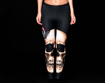 Leginsy SKULL & BUTTERFLIES, leginsy na Halloween, spodnie damskie, leginsy z nadrukiem, leginsy do jogi, odzież gotycka, odzież z czaszką, wzór czaszki