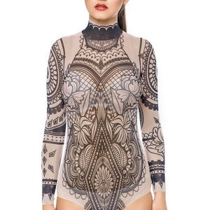 AZTEC FLOWERS Tattoo Bodysuit, Mesh Body, Tattoo Body, Womens Underwear, Tribal Bodysuit for Women, Printed Body, Fake Tattoo Costume