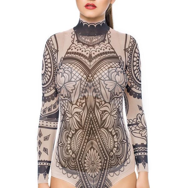 AZTEKENBLUMEN Tattoo Bodysuit, Netz Body, Tattoo Body, Damen Unterwäsche, Tribal Bodysuit für Frauen, bedruckter Body, Fake Tattoo Kostüm
